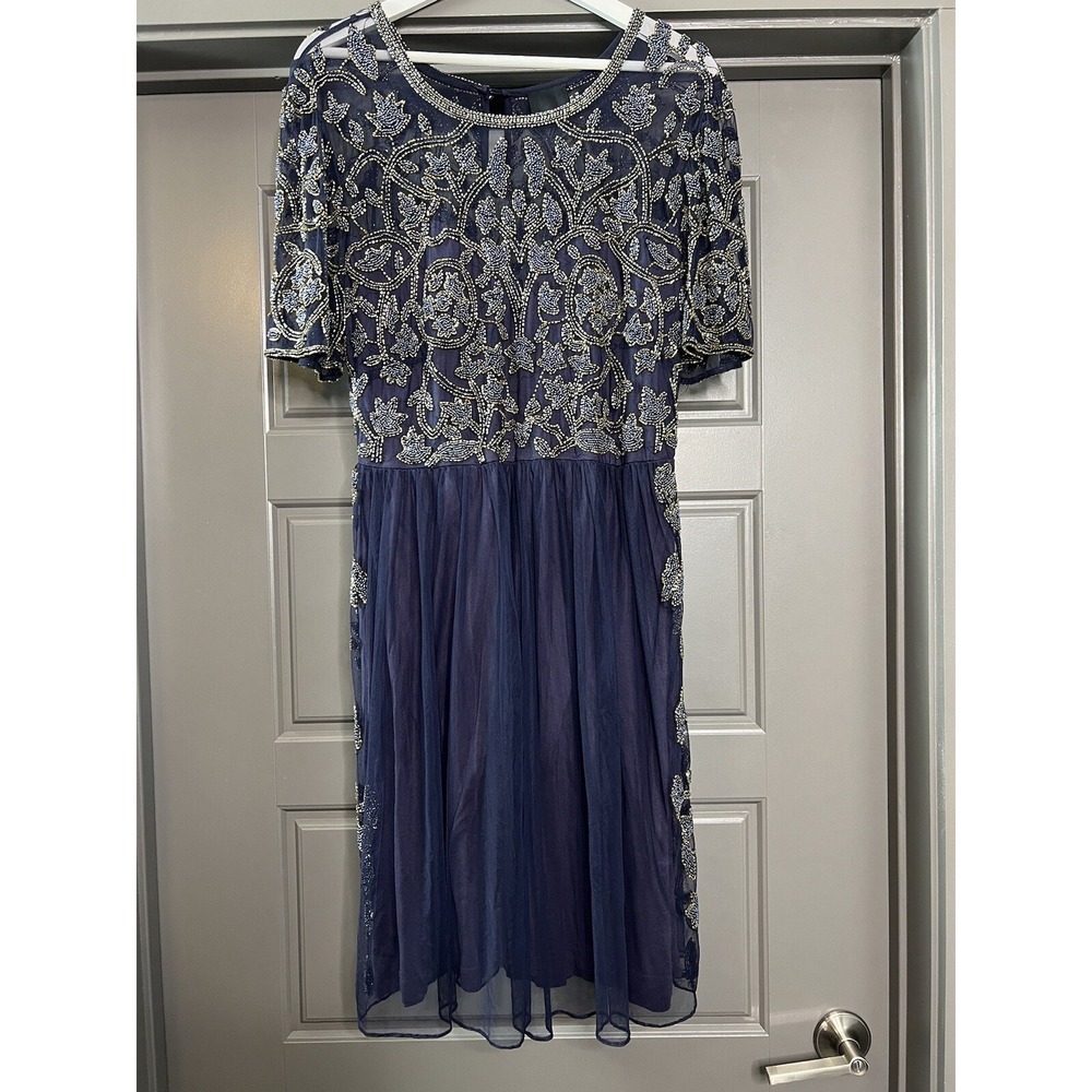 ASOS Dress Women 14 Navy Blue Beaded Short Sleeve Sequin‎ Bling Wedding Guest - Picture 2 of 11